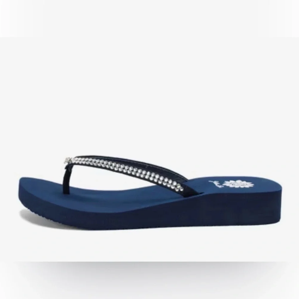 NWOT Yellow Box Jello Wedge Navy Rhinestone Flip Flop Women’s Sandal Sz 9.5